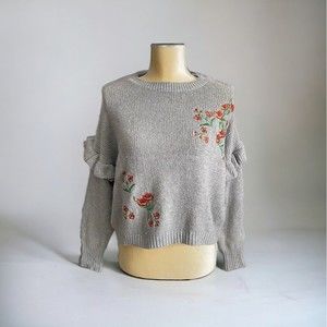 Woven Heart Sweater Womens SMALL Gray Ruffle Sleeve Cottagecore Knit Pullover